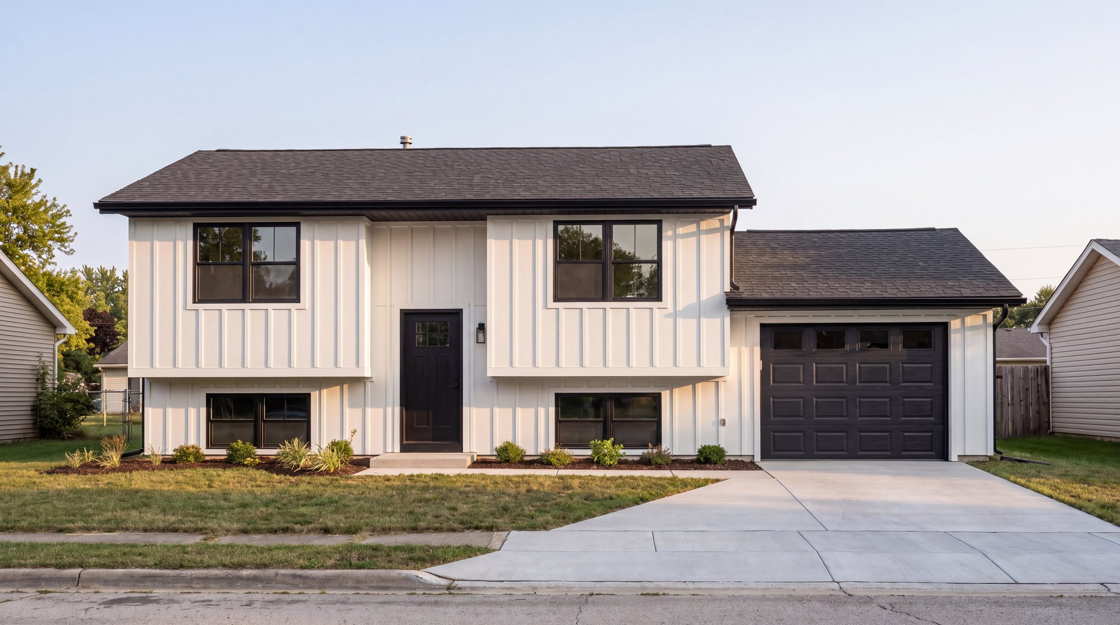 After: same home with new board and batten siding, roof, windows and driveway