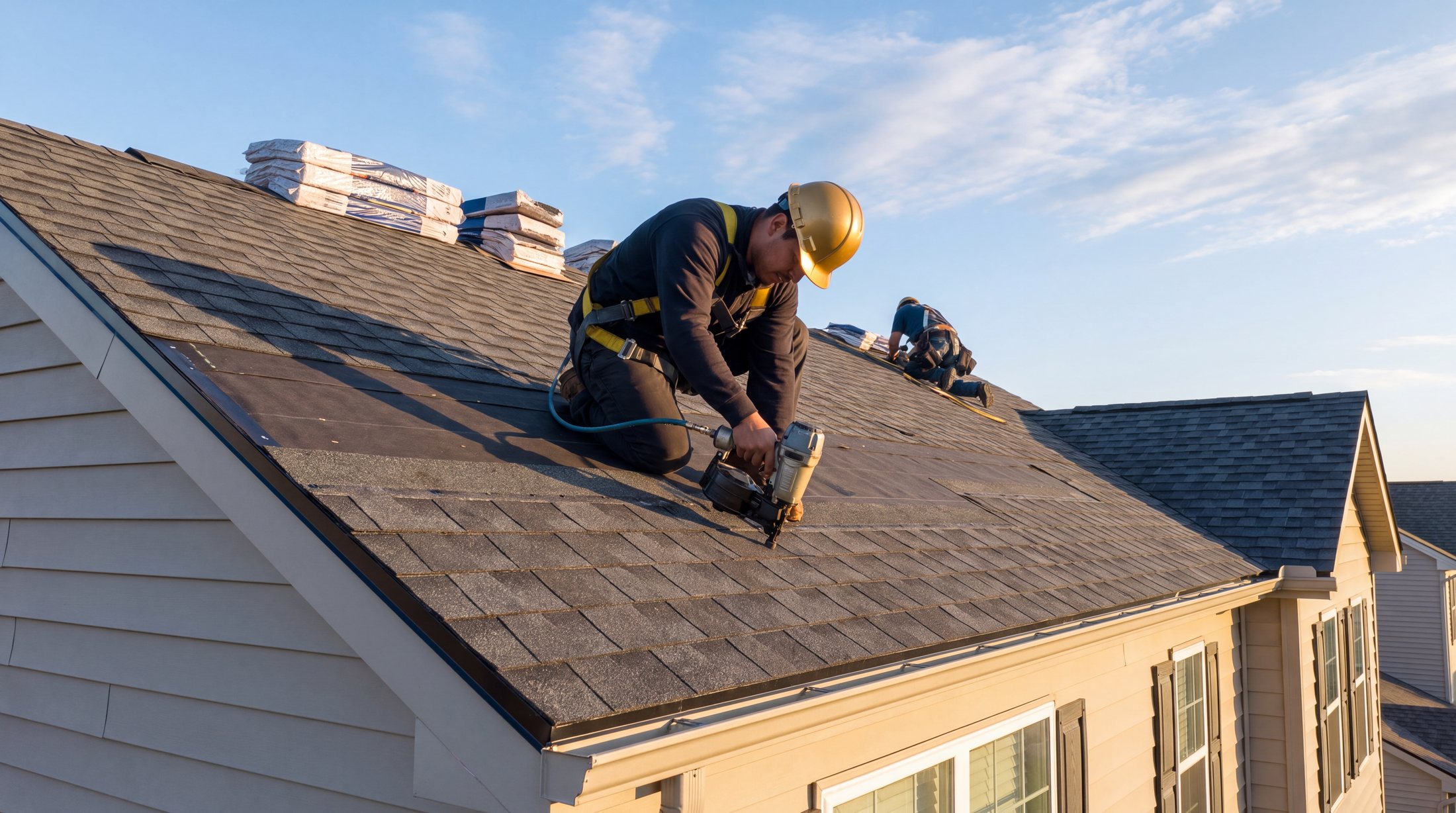 Roofers installing architectural shingles