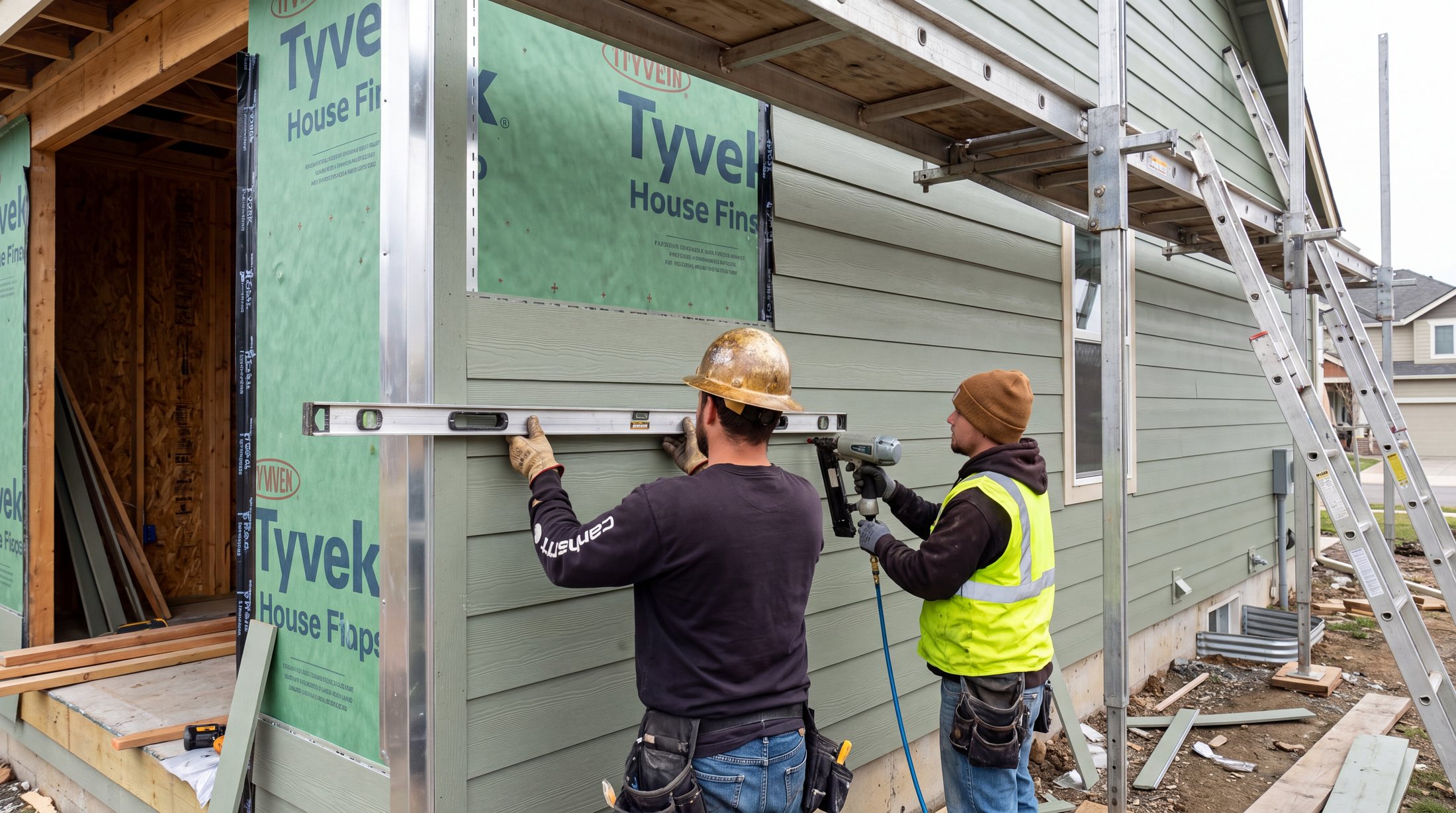 Crew installing fiber cement lap siding