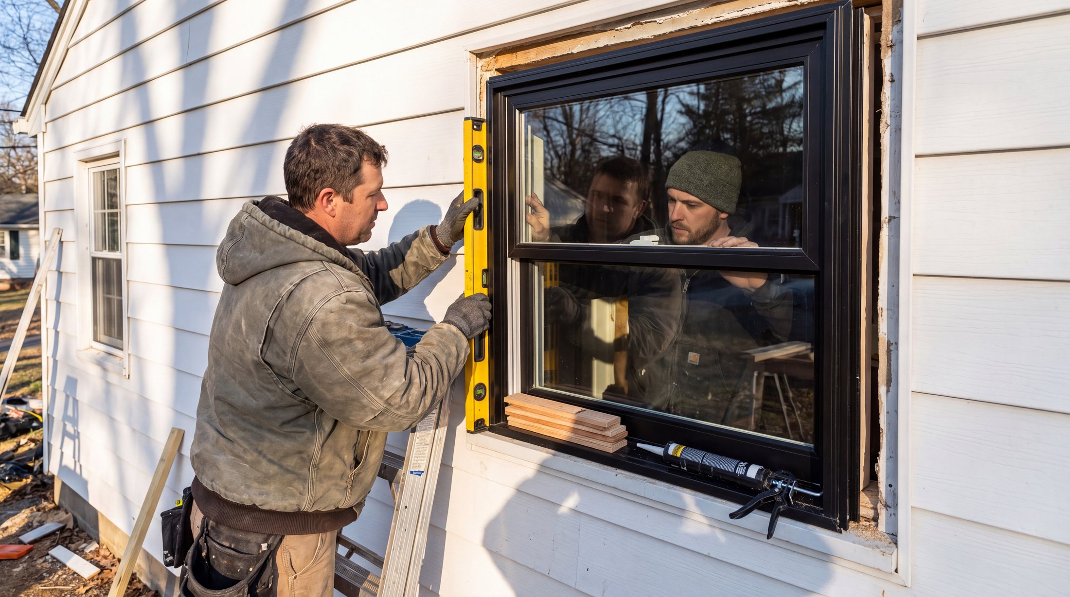 Installer setting a new black-framed window